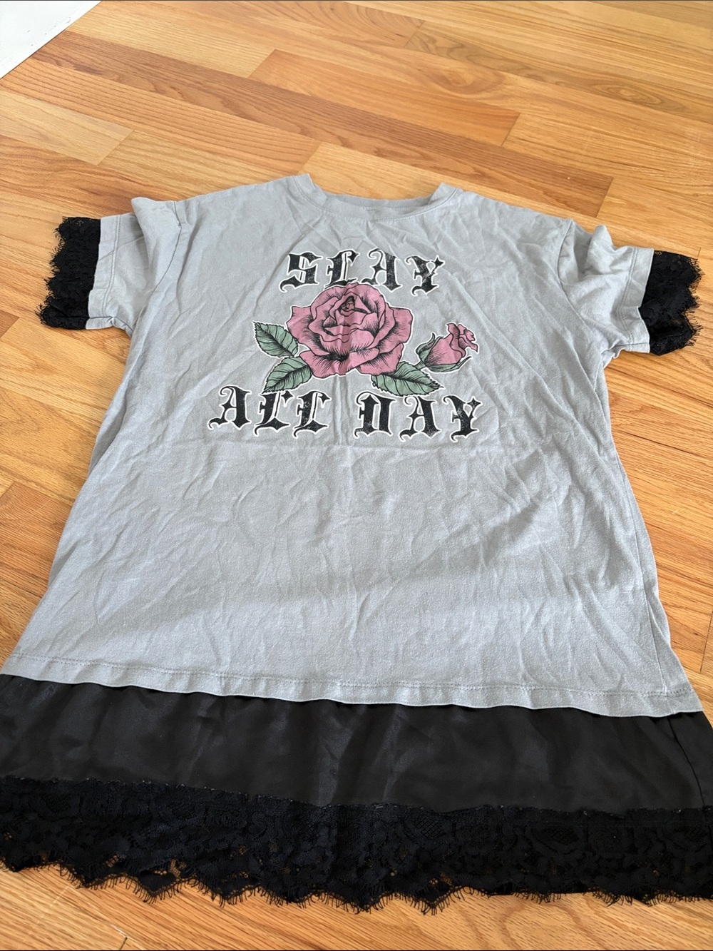 Cold Crush Gray Sleep Tee with Pink Rose and Black Lace